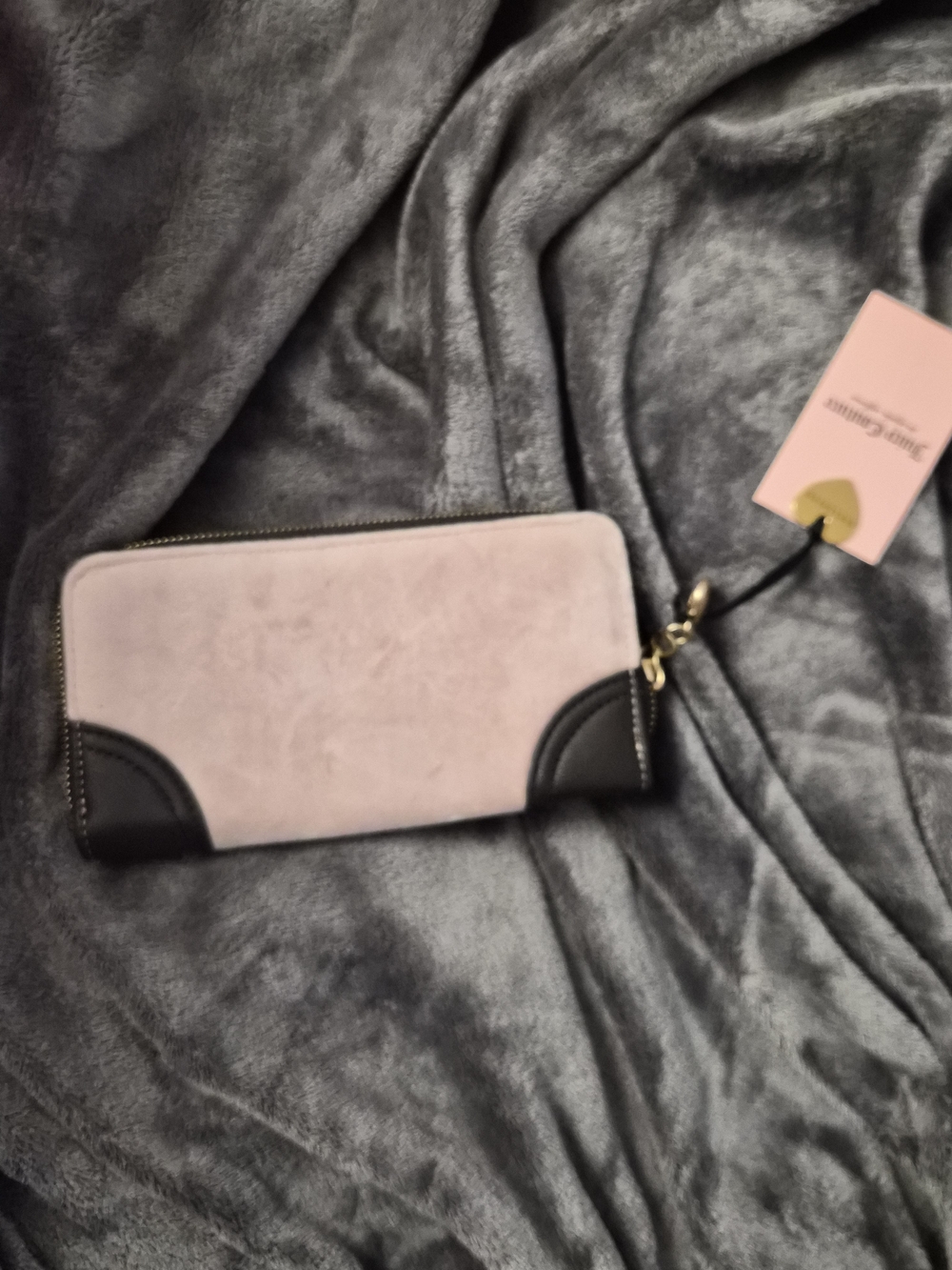 Juicy Couture Blush Velvet Zip Wallet with Black Trim & Gold Crest - Picture 2 of 3